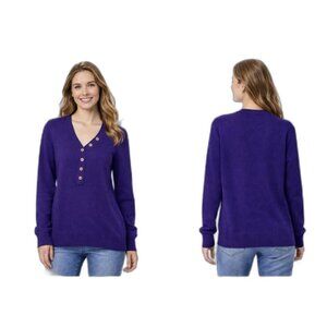 Tory Burch Size L Purple Wool Blend Gold Buttons Vneck Sweater Knit
